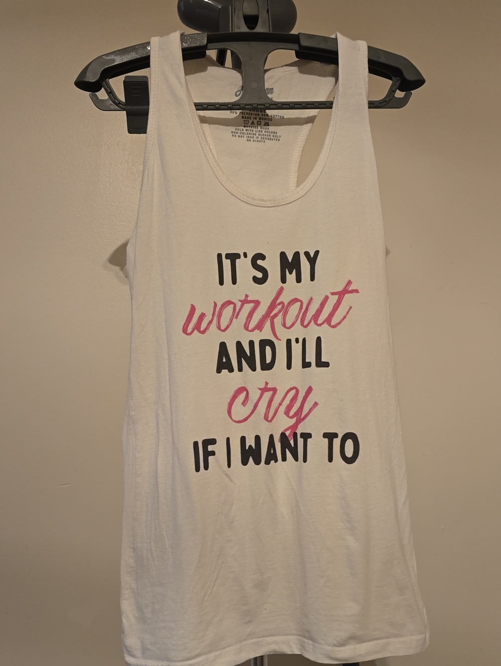 White Graphic Workout Tank Top with Pink & Black Text